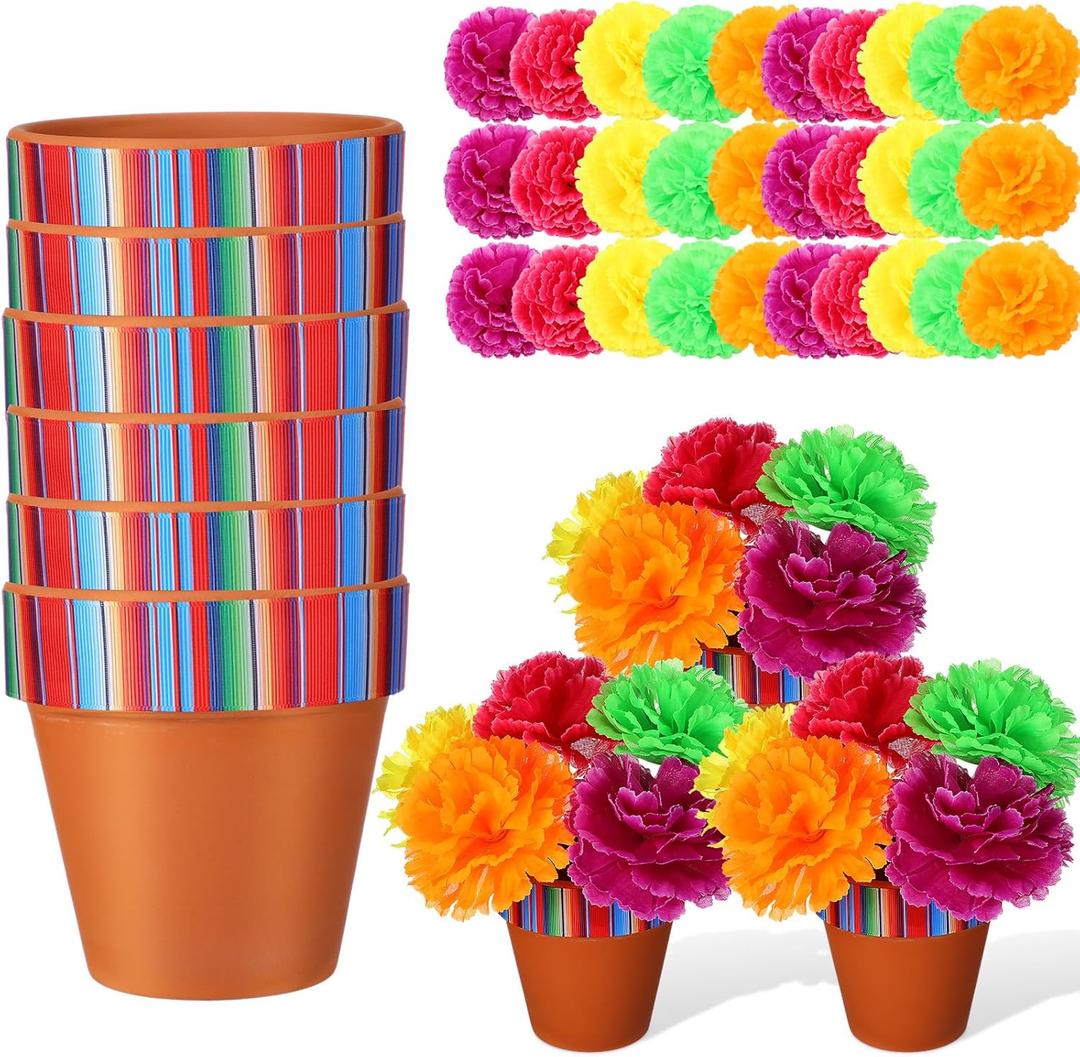 36 Pcs Mexican Table Decorations Centerpieces Fiesta Pots with Marigold Flower for Halloween Day of The Dead Party Tables Decorations