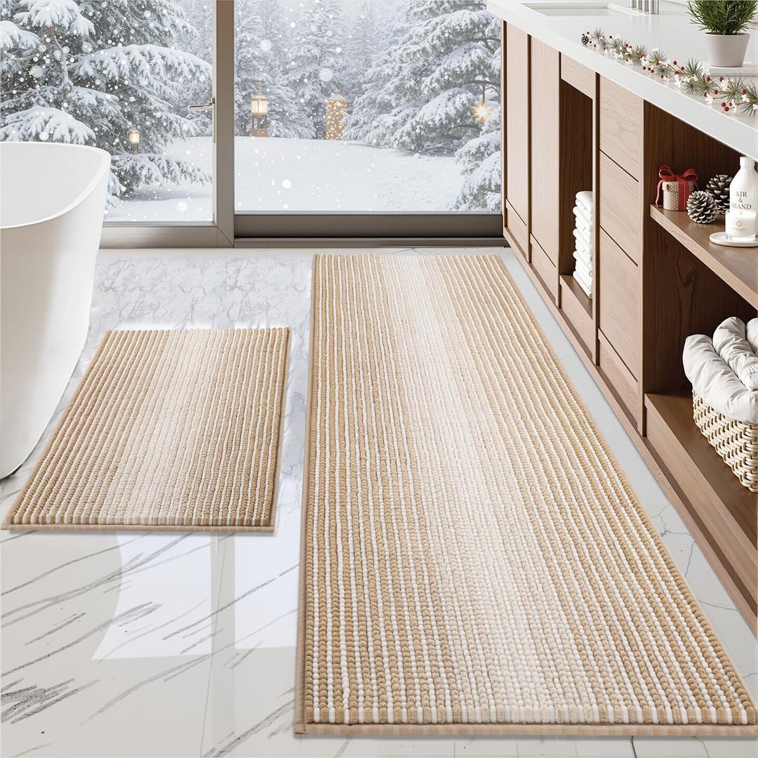 BSICPRO Bathroom Rugs and Mats Sets, 2 Piece Thick Absorbent Chenille Bath Mat Rug Set Non Slip, Soft Shaggy Bath Room Floor Mats for Bathroom, Machine Washable (Beige, 24" x 70" Plus 20" x 32")