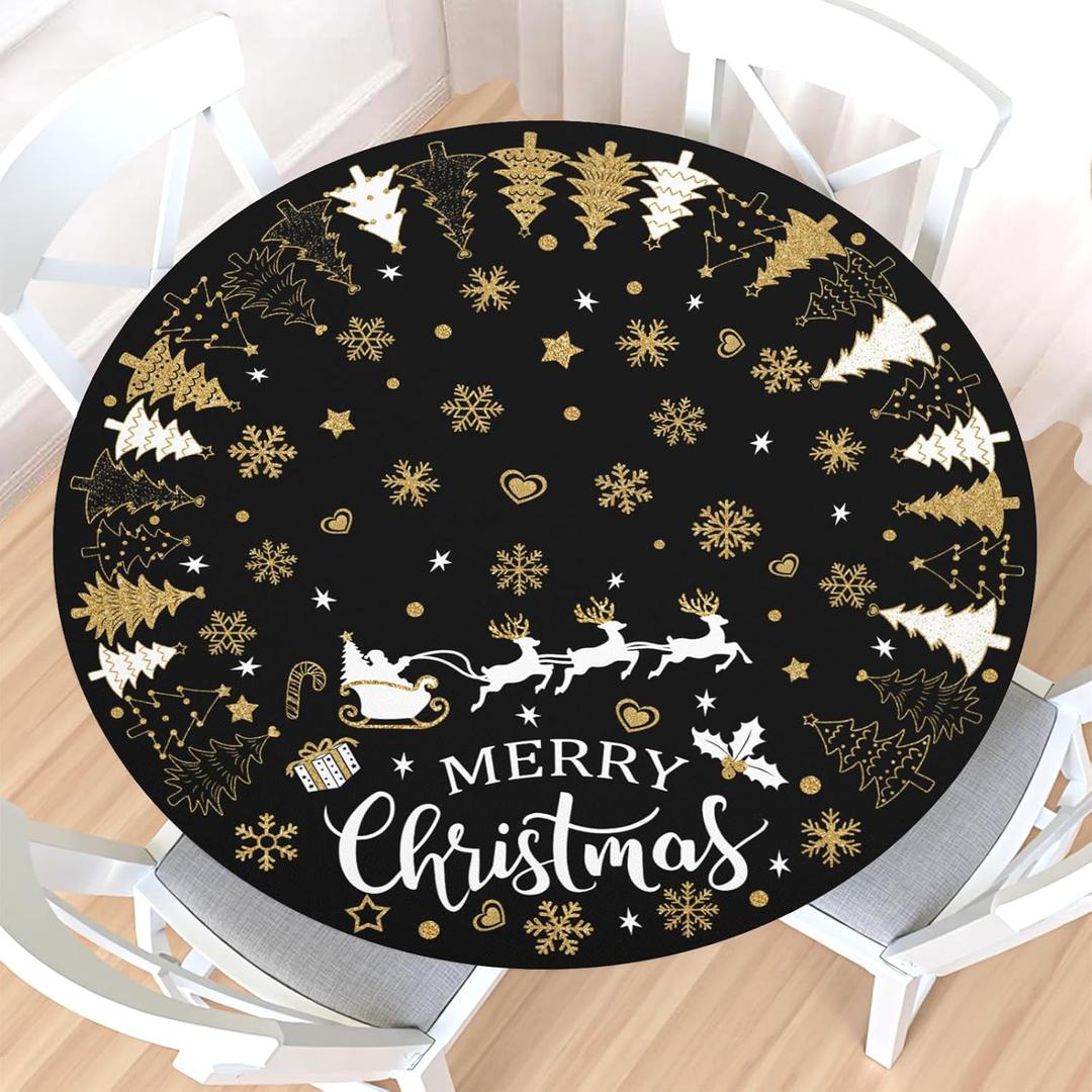Merry Christmas Round Fitted Tablecloth with Elastic Edge,Water-Resistant Wipeable Black Gold White Xmas Winter Snowflake Table Cover for 40-44" Stretch Table Cloth for Dinner Indoor Outdoor Party
