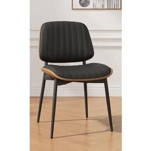Dining Chair, Mid-Century Modern Upholstered PU Leather Chair with Walnut Bentwood Back and Metal Legs, Black (1 Pc)