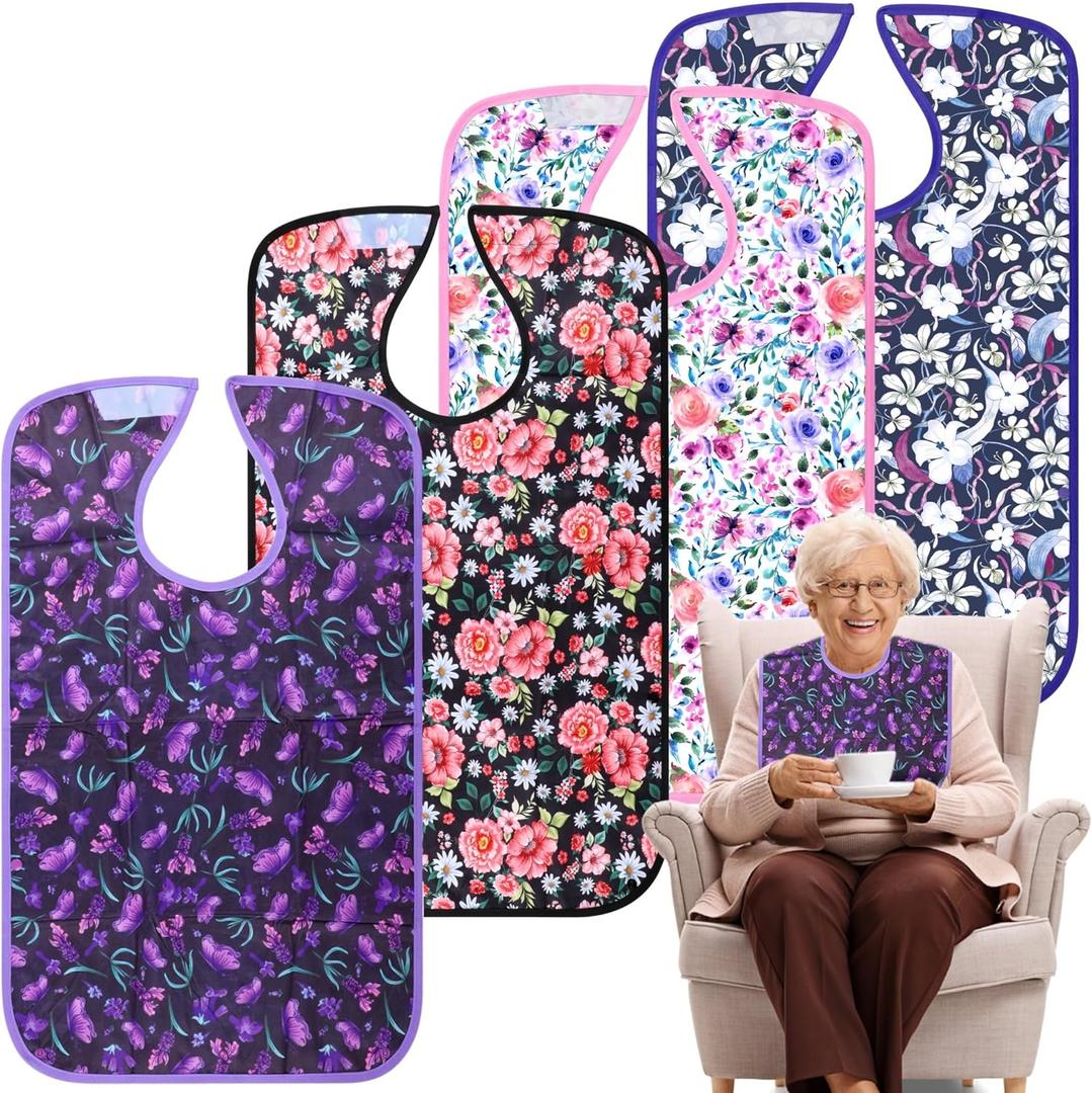 Adult Bibs - 4 Pcs Washable Clothing Protector with Crumb Catcher, Reusable Waterproof Large Feeding Dining bibs for Women/Mom/Men