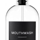 HomeFeel Black Glass Mouthwash Dispenser with Cups, 12.7 oz, 1 Pack - Clear Mouthwash Bottle with 304 Stainless Steel Spout & Minimalist Labels, Style Mouthwash Container for Bathroom