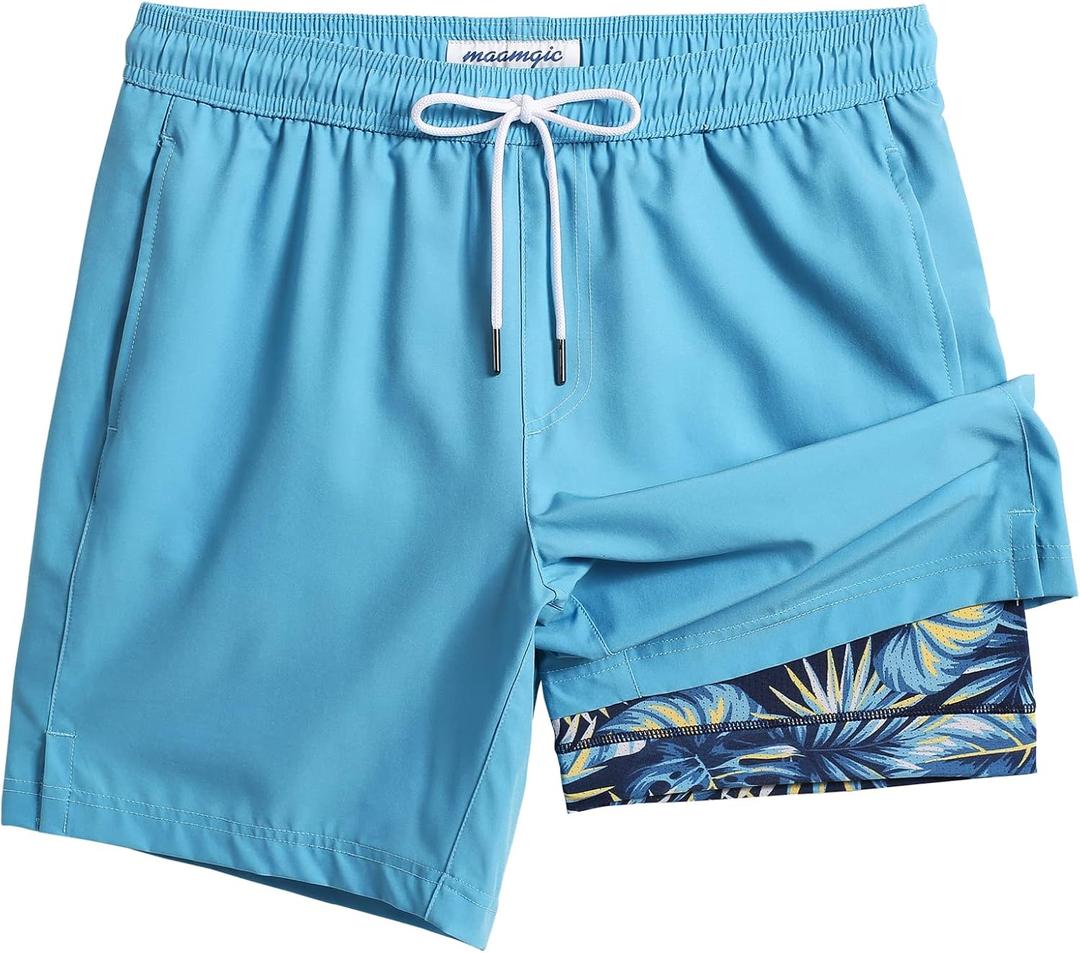 maamgic Mens Swim Trunks with Compression Liner 7 Inch Inseam Mens Bathing Suit Quick Dry Swimming Trunks Swimsuit (Small, Blue Leaf)