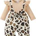 Baby Girl Clothes Fall Winter Outfit Infant Girl Plaid Long Sleeve Ruffle Romper One Piece Jumpsuit with Headband (12-18 Months, Apricot Leopard)
