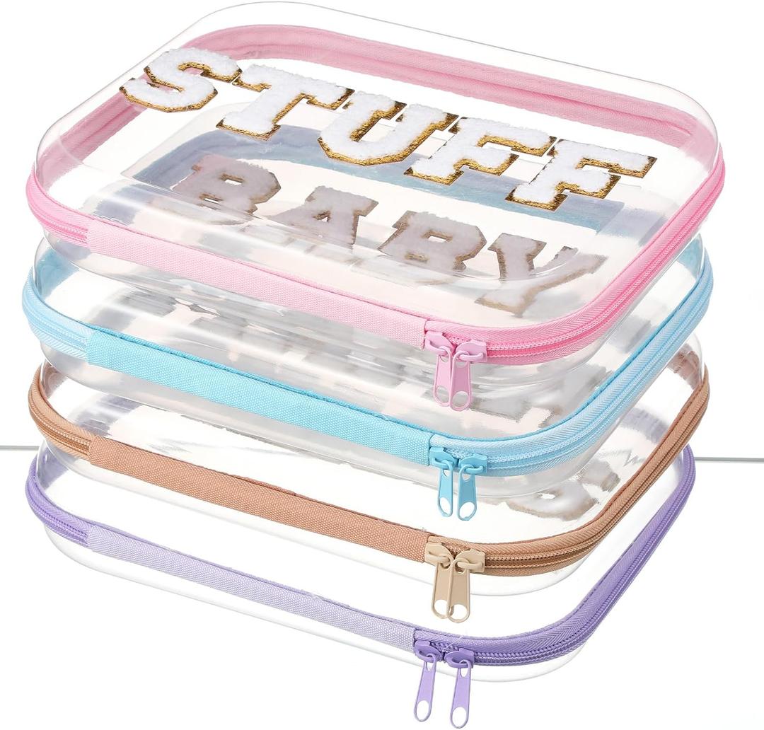Thinkday 4 Pcs MAMA and BABY Hard Shell Zipper Case Set with Chenille Letters, 9.8 Inch Plastic Zipper Pouch for Travel Organizer, Portable Cosmetic & Snack Storage, Gift for Mom Women, 4 Colors