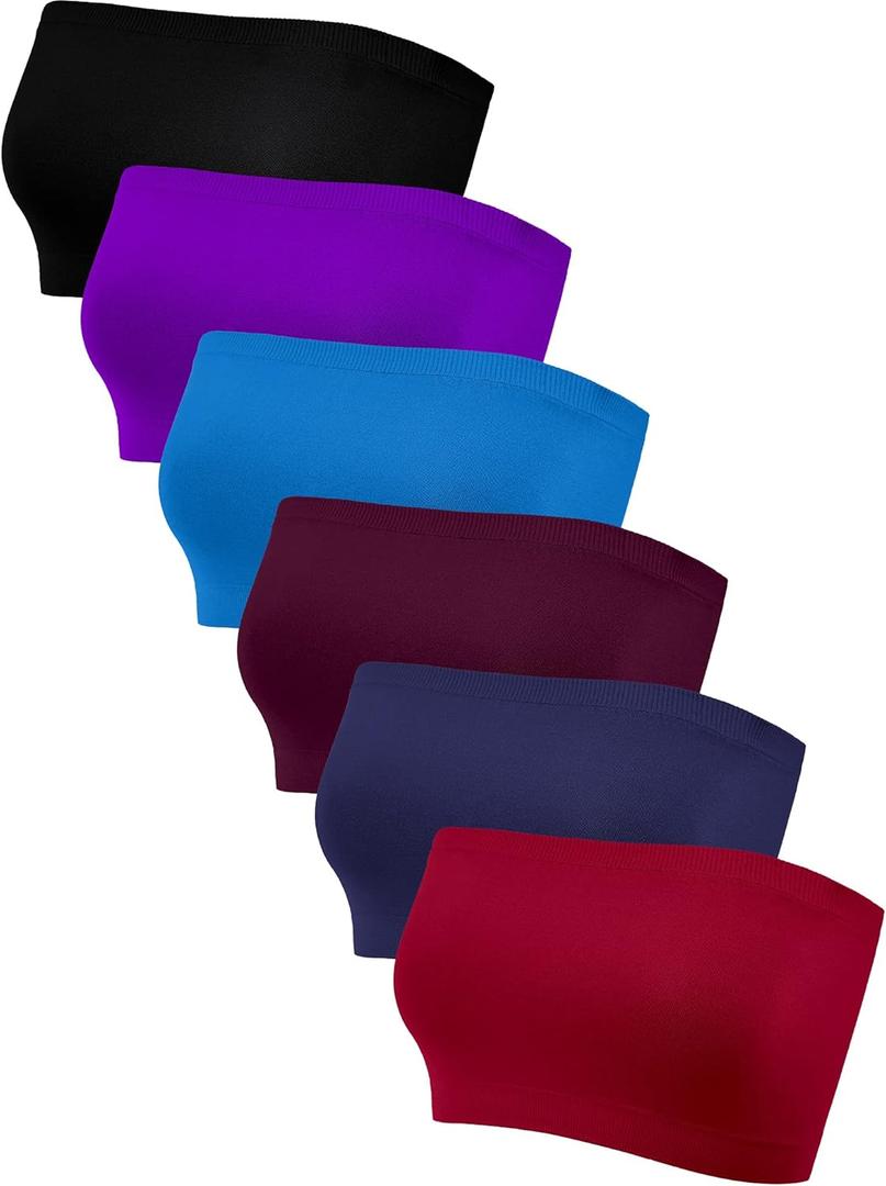 Geyoga 6 Pieces Strapless Bandeau Seamless Bralettes Stretchy Non Padded Tube Bra for Women (Small, Black, Purple, Lake Blue, Purplish Red, Navy Blue, Burgundy)