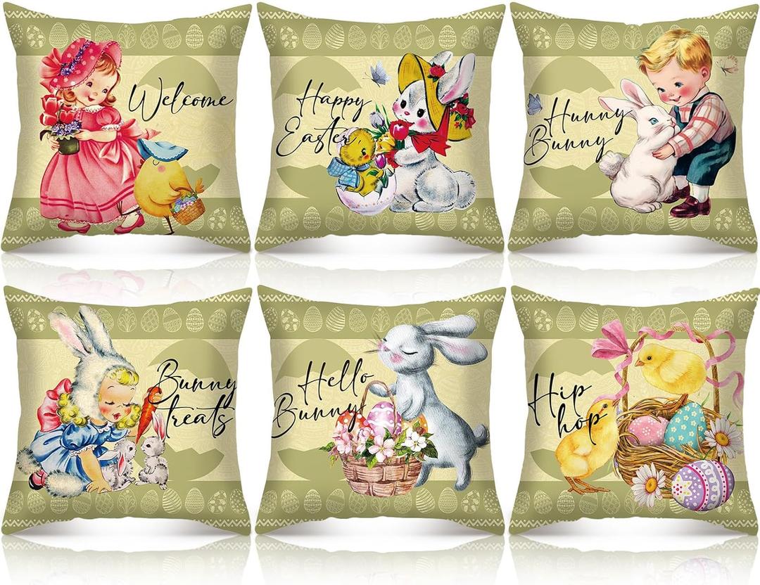 FuWeave Set of 6 Easter Pillow Covers 18x18 Vintage Easter Bunny Egg Throw Pillows Cases Easter Rustic Spring Country Holiday Square Pillowcase