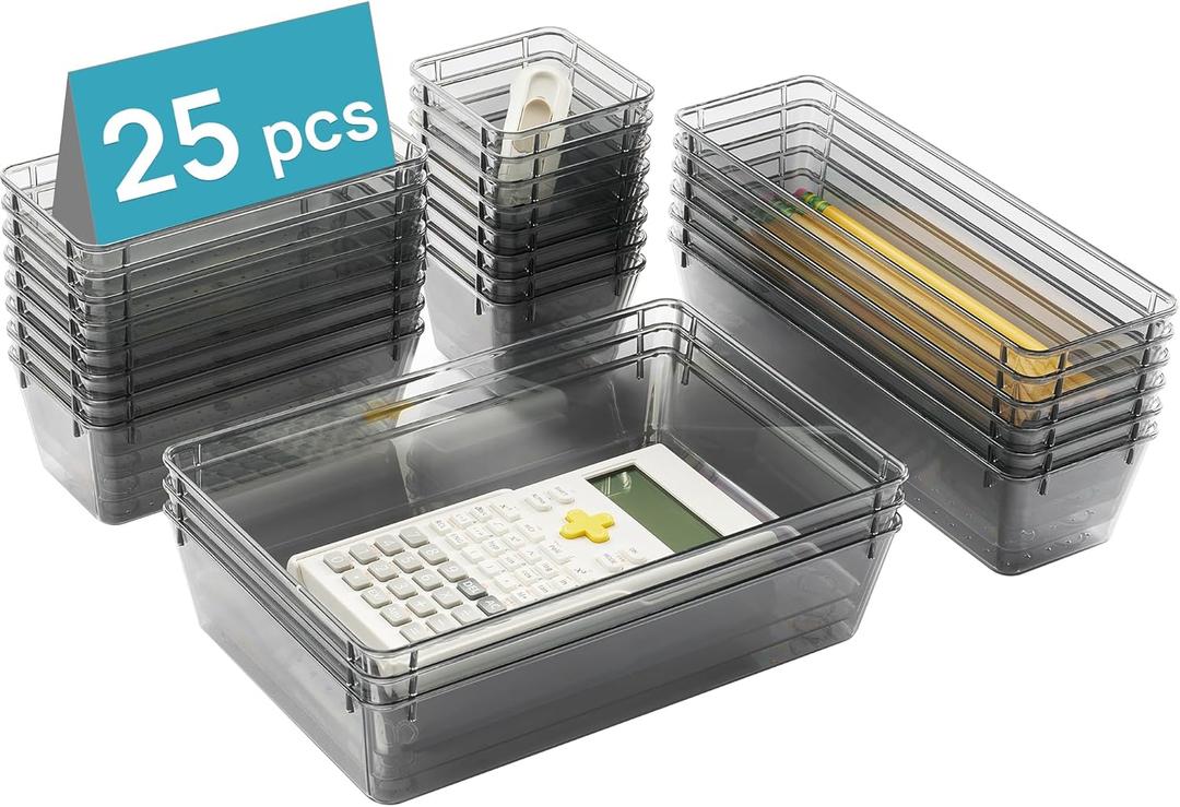 Vtopmart 25 PCS Office Desk Drawer Organizers Set, 4-Size Versatile Plastic Drawer Organizer Trays, Storage Bins for Desk Accessories Office Organizers and Storage, Bathroom, Makeup, Vanity (Clear Black)
