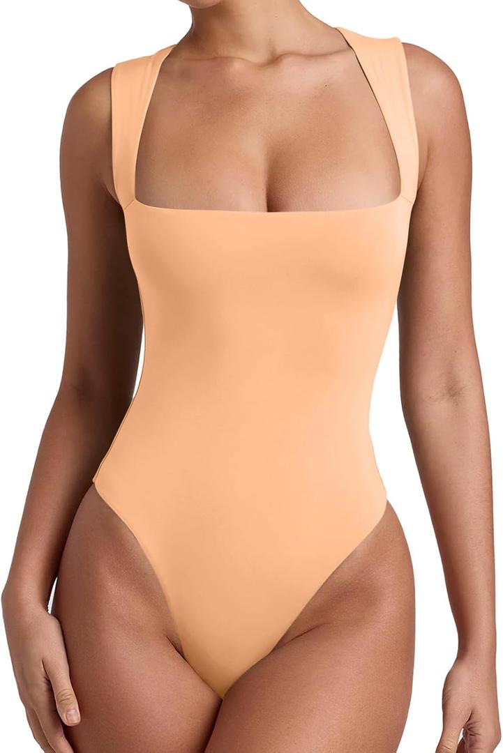 REORIA Womens Sexy Casual Sleeveless Square Neck Tummy Control Thong Bodysuits Tank Tops Sexy Plus Size Peach Fuzz X-Large