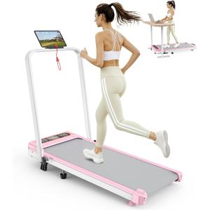 Foldable Treadmill with 10% Incline, Upgrade 3.5HP Low Noise Walking Pad Treadmill with Handle Bar, Trisomy 4 in 1 Portable Under Desk Treadmills for Home/Office, 350Lbs Capacity, APP & Remote Control (10% inlcine pink)