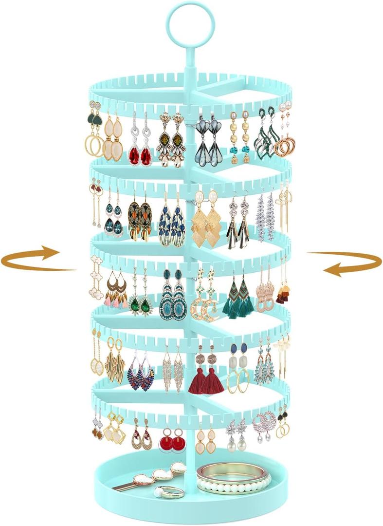 MODOWEY 5 Tier Rotating Earring Holder Organizer Display Tree with Metal Tray, Adjustable Plastic Stand with 285 Slots for Stud Hoop Hanger, Large Capacity Storage Rack for Women Space Saving, Blue