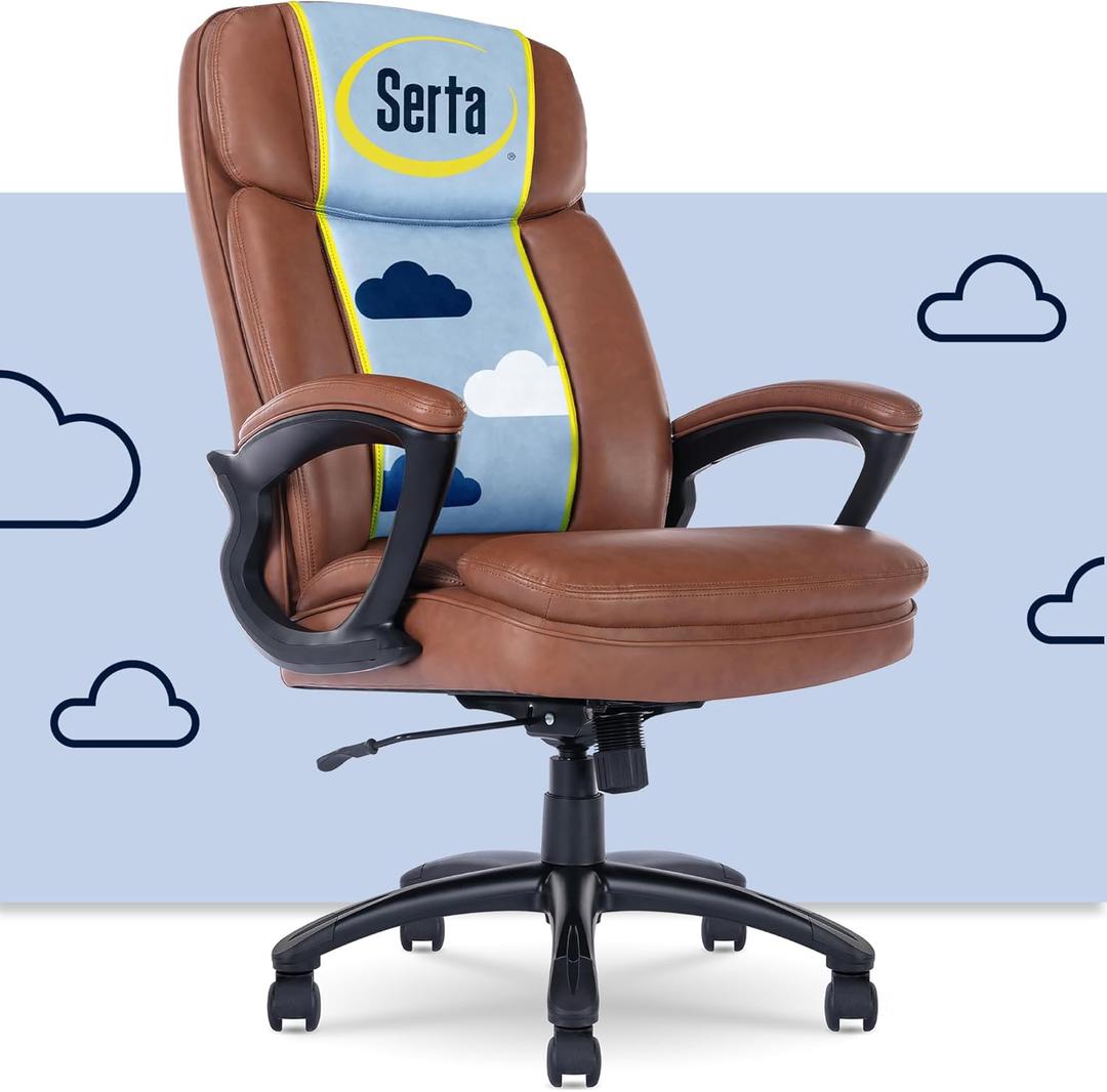 Serta Fairbanks Big & Tall Executive Office Chair, Ergonomic Comfy High-Back ComputerChairs with Lumbar Support, Semi-Plush Seat Cushion, Padded Armrests, Nylon Swivel Base, Bonded Leather, Cognac (350 lbs)