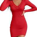 Valiamcep Women's Mini Dress Ruffle V-Neck 2024 Fashion Fall Long Sleeve Basic Ribbed Knit Slim Fitted Sexy Bodycon Pencil Dresses Red XL