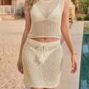 Fisoew Womens 2 Piece Crochet Sets Sleeveless Crop Tops Cover Up Beach Mini Skirt Outfits Vacation Sets (Beige, L)