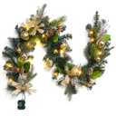 LinTimes 6 FT Pre-Lit Christmas Garland, Gold Lighted Xmas Garland with 20 LED Lights with Timer for Mantle Staircase Table, Winter Garland with Ribbon, Xmas Ball, Pine Cones, Star, Battery Operated