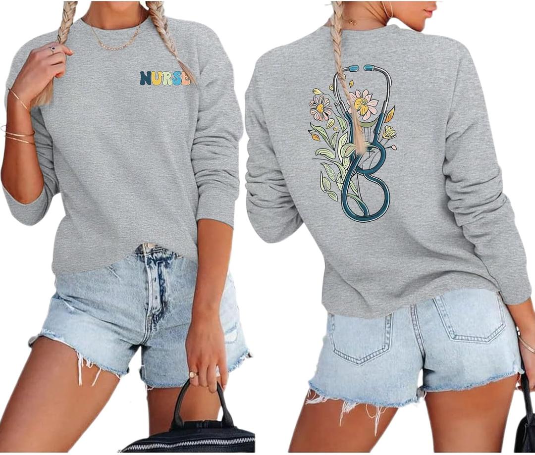 Nurse Graphic Crewneck Sweatshirts for women Floral Stethoscope Lightweight Sweatshirt Pullover Hoodie Nurses Gifts (Medium, Gray)