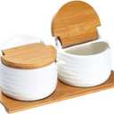 Ceramic Sugar Bowl with Bamboo Lids and Spoons Serving Tray, Porcelain Sugar Container for Sugar Tea Coffee Spice,Salt Condiment with Chalkboard Labels for Home Kitchen,9.1 fl oz 270 ML