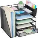 Desk Organizers and Accessories, 5-Tier Paper Letter Tray Organizer with File Holder, Drawer & Pen Holder, Office Desk Accessories, Desktop Organizer for Classroom Office Supplies, Black