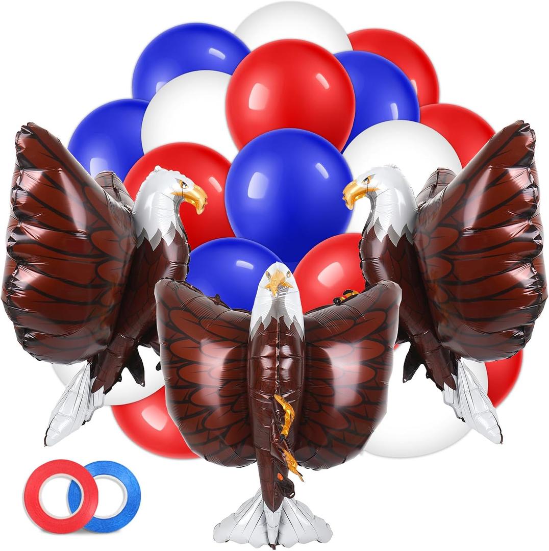 Whaline 63 Pcs Patriotic Balloons Set 3D Giant Eagle Foil Balloon 4th of July Red Blue White Latex Balloons with Ribbon for Independence Day Veterans Day Decor