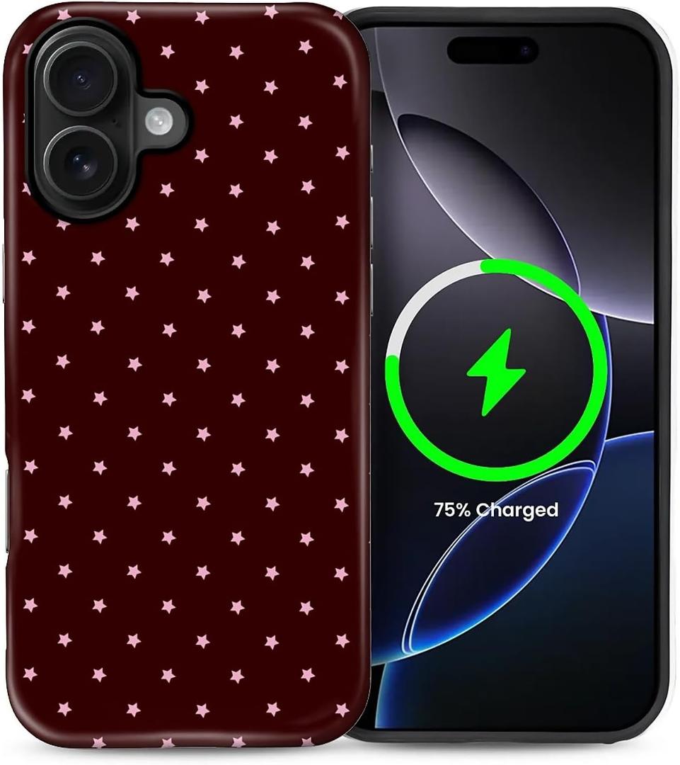 for iPhone 16 Plus Case for Women Girl Men Boy, Compatible with MagSafe, Shockproof Soft Silicone & Hard PC Shell Protective Case for iPhone 16 Plus - Mocha Cherry Polka Star