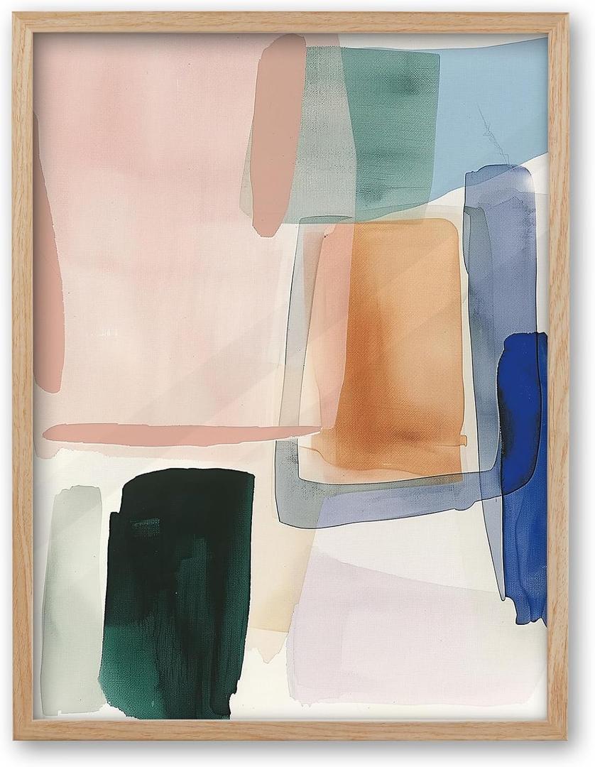 iHery Natural OAK Wood Abstract Geometric Framed Wall Art, Large 16x20 in Contemporary Minimalist Blue Black Canvas Wall Decor, Harmony Geometry Artwork Set of 1 For Bedroom Living Room Bathroom