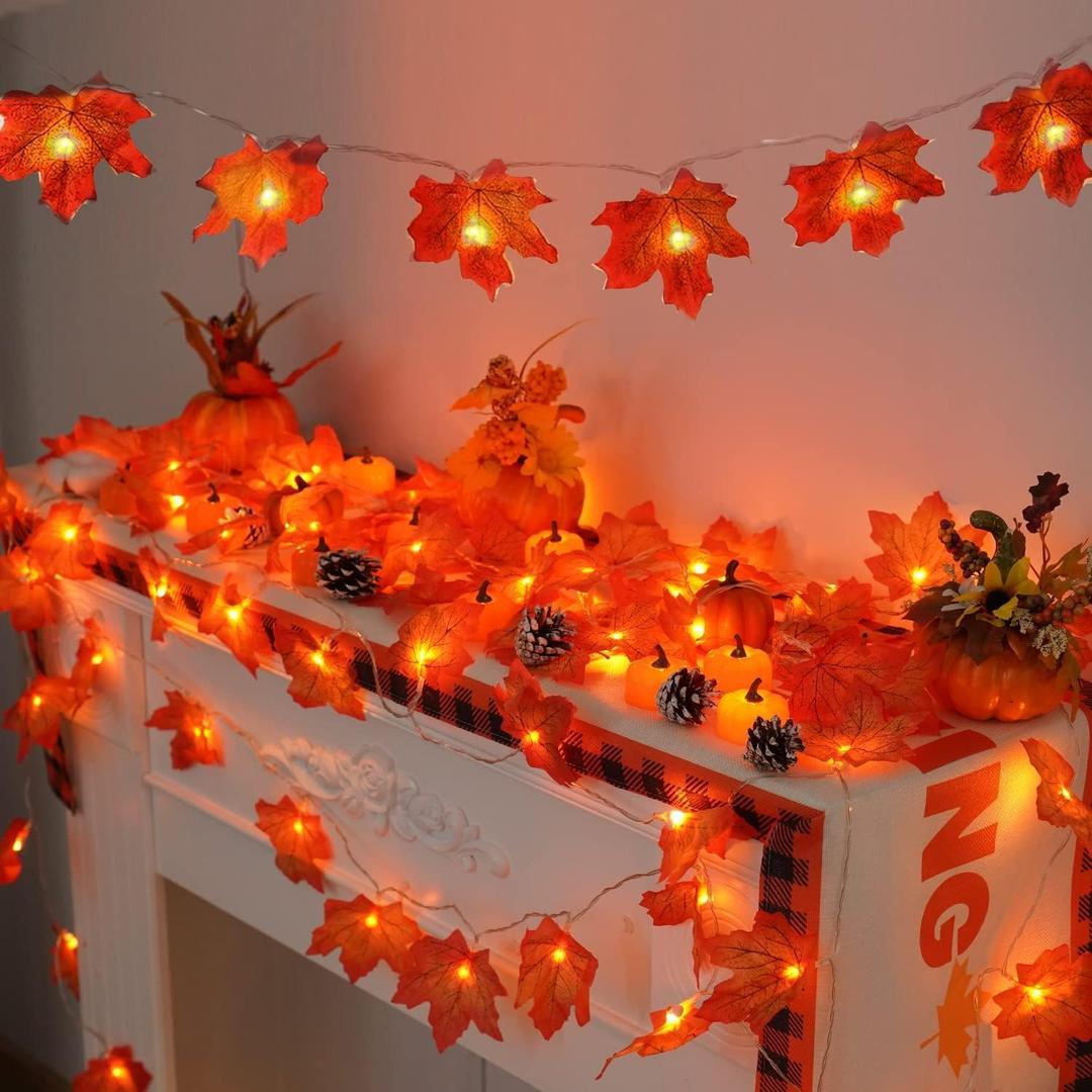 YEGUO 2 Packs Thanksgiving Decorations for Home, Fall Lights Battery Operated, Total 20ft 40 LED Lighted Fall Garland Maple Leaves for Holiday Autumn Harvest Fall Thanksgiving Halloween Decor