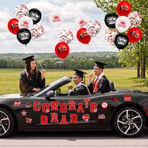 45pcs 2026 Graduation Car Magnets Balloons Decorations Red Grad 2026 Graduation Fridge Magnets Cruise Door Magnetic Stickers Class of 2026 Graduation Parade Car Decorations