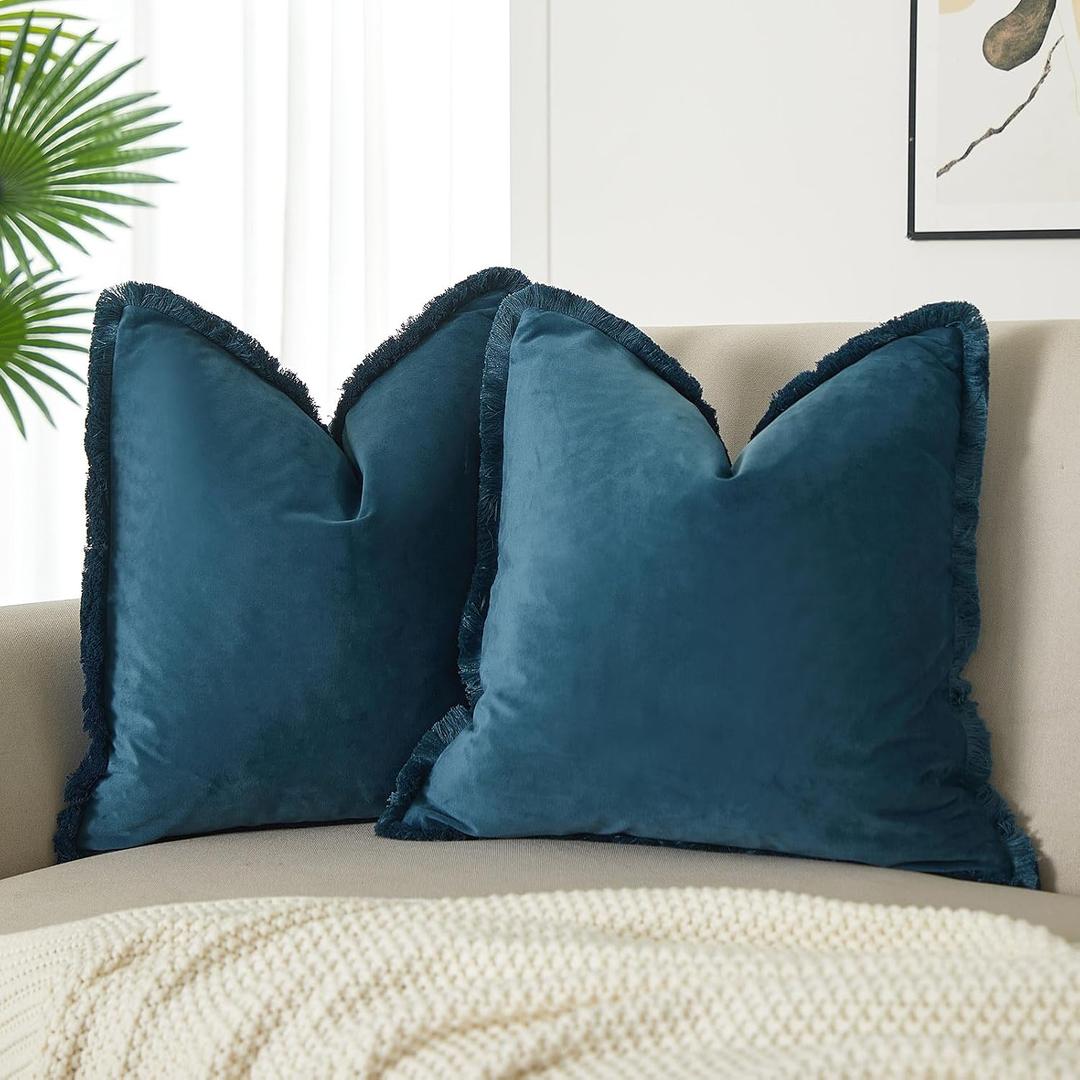 JUSPURBET Pack of 2 Prussian Decorative Fringe Velvet Throw Pillow Covers 24x24 for Home Decor Living Room Bedroom Car Boho Soft Cushion Cover with Hidden Zipper Machine Washable