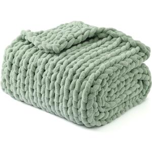 YnM Chunky Throw Blanket, Medium-Weight, Hand Knitted with Chenille Yarn, Skin Friendly, Ventilated and Breathable, Machine Washable, Home Dcor Piece for Couch, Sofa and Bed (Sage Green, 40x50 Inch)