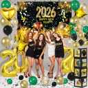 2026 Novel Happy New Year Eve Party Decorations Set with Happy New Year Backdrop, Black and Gold Confetti Balloons, Clear Balloon Box, Gold Party Confetti Pack & Heart Star 2026 Number Foil Balloons