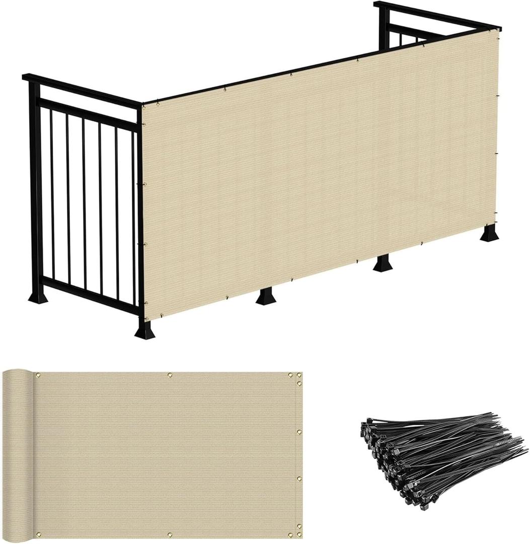 Windscreen4less 3'x12' Deck Balcony Privacy Screen for Deck Pool Fence Railings Apartment Balcony Privacy Screen for Patio Yard Porch Chain Link Fence Condo with Zip Ties Beige