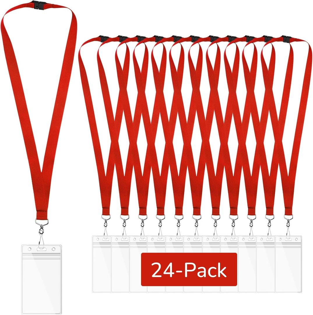 WEZEBEL 24-Pack Red Breakaway Lanyards with Waterproof Badge Holders, Polyester Neck Straps for ID Cards, Events, Office, and Schools