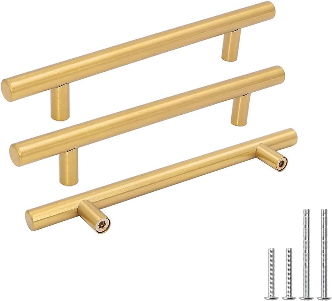 goldenwarm Kitchen Cabinet Pulls Brushed Brass Drawer Pulls Gold 5in Cabinet Handles Modern Hardware for Kitchen Cupboard Bedroom Drawer Bathroom Furniture Door, 10Pack (5in Hole Centers)