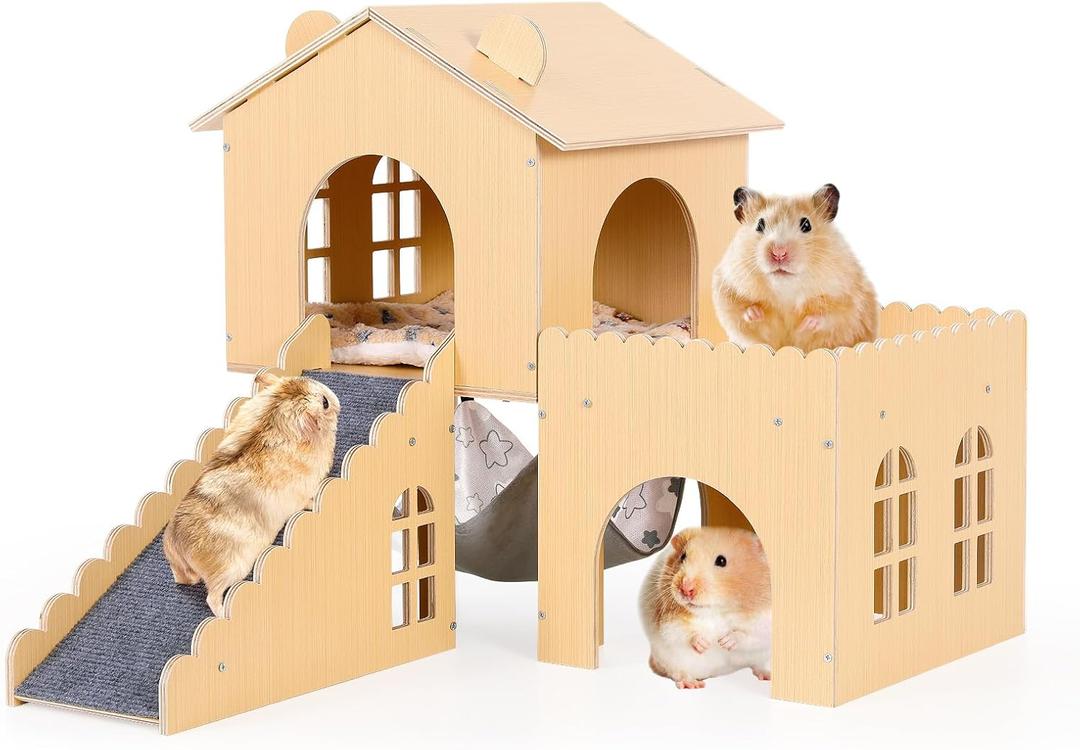Guinea Pig Hideout with Hammock & Ramp Multi-Level Wooden Small Animal House for Hamsters, Rabbits, Chinchillas | Easy Assembly Guinea Pig Cages