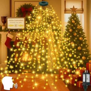 2025 New Christmas Tree Lights with Voice Control Outdoor/Indoor, 480LED 8FT 16 Lines Cascading Twinkle Lights Green Wire,12 Modes & Timer, Waterproof Waterfall Lights for Xmas Decor (Warm White)