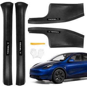 4 Pcs Door Sill Protector for Tesla Model Y 2019-2024 5 Seater - Carbon Fiber Scuff Plate Guards with Installation Kit Front & Rear Pedal Kick Protection Fit for Tesla Model Y Accessories