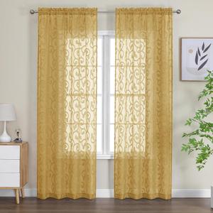 OWENIE Furman Gold Sheer Curtains 96 inches Extra Long for Bedroom Living Room 2 Panels Set, Light Filtering Soft Solid Semi Sheer Farmhouse Jacquard Curtains, Top Dual Rod Pocket Design, 40Wx96L inch
