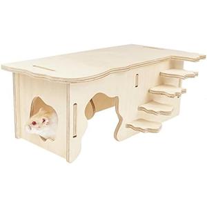 Hamster Wooden House with Steps & Multi-Chamber Hideout, Natural Chew Toy for Syrian Mice, Gerbils, Dwarf Hamsters, Small Animal Cage Accessories, S