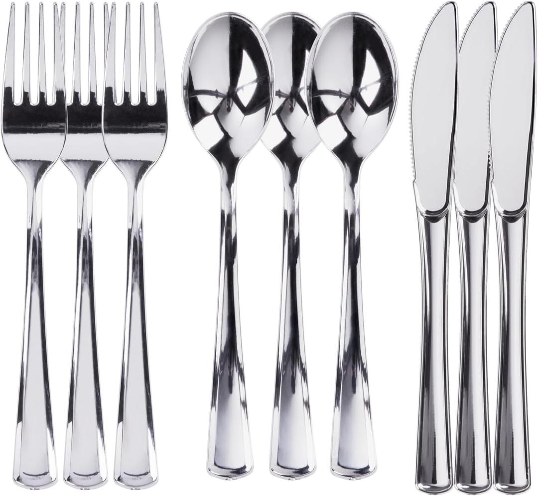 300 Plastic Silverware Set, Silver Plastic Cutlery Set, Disposable Silverware Set | 100 Plastic Forks, 100 Plastic Spoons, 100 Plastic Knives | Heavy Duty Bulk Disposable Flatware Plastic Utensils Set