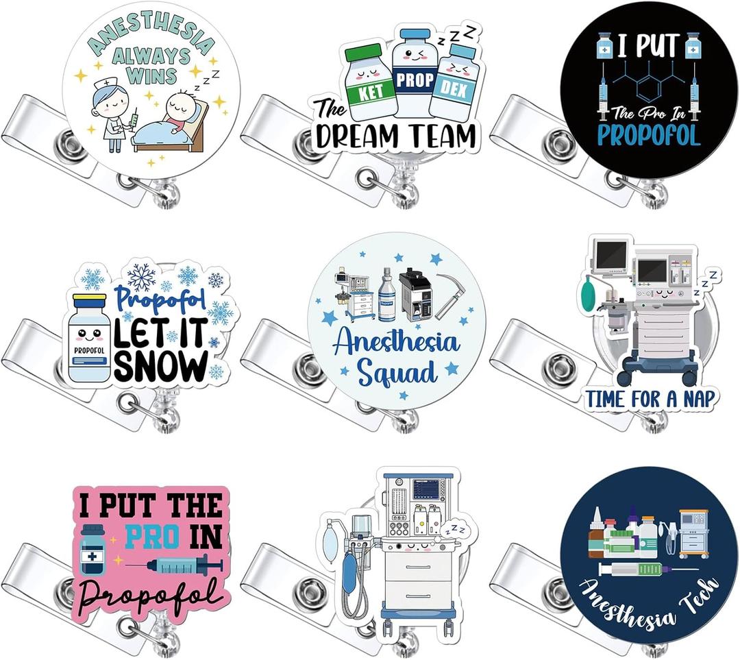 Suncalla 9 Pcs Anesthesia Badge Reel Gifts CRNA Retractable ID Badge Holder Acrylic Anesthesiology Week Gift for Hospital Anesthetist Doctor Anesthesiologist ICU Nurse Resident Surgical Tech