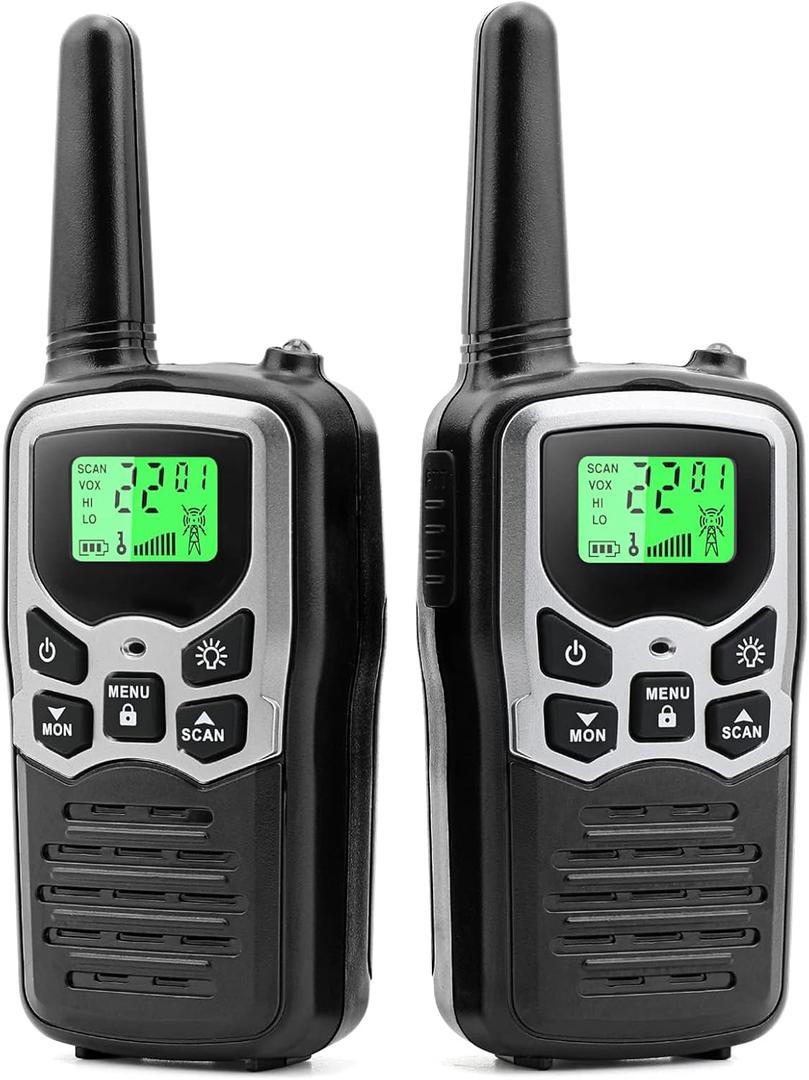 Walkie Talkies, MOICO Long Range Walkie Talkies for Adults Two-Way Radios with 22 Channels FRS VOX Scan LCD Display with LED Flashlight for Field, Survival Biking Hiking Camping 2 Pack (Silver A)