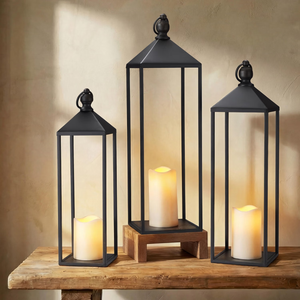 Perfnique Decorative Lanterns for Indoor & Outdoor, Set of 3 Black Metal Lanterns (22" & 19" & 17") with LED Timer Flameless Candles, Farmhouse Modern Decor for Front Porch, Patio, Garden, Mantle