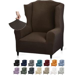 YEMYHOM 1 Piece Stretch Wingback Chair Slipcover Latest Jacquard Design Wing Chair Cover Non Slip Furniture Protector with Foam Rods for Living Room (Wing Chair, Dark Coffee)
