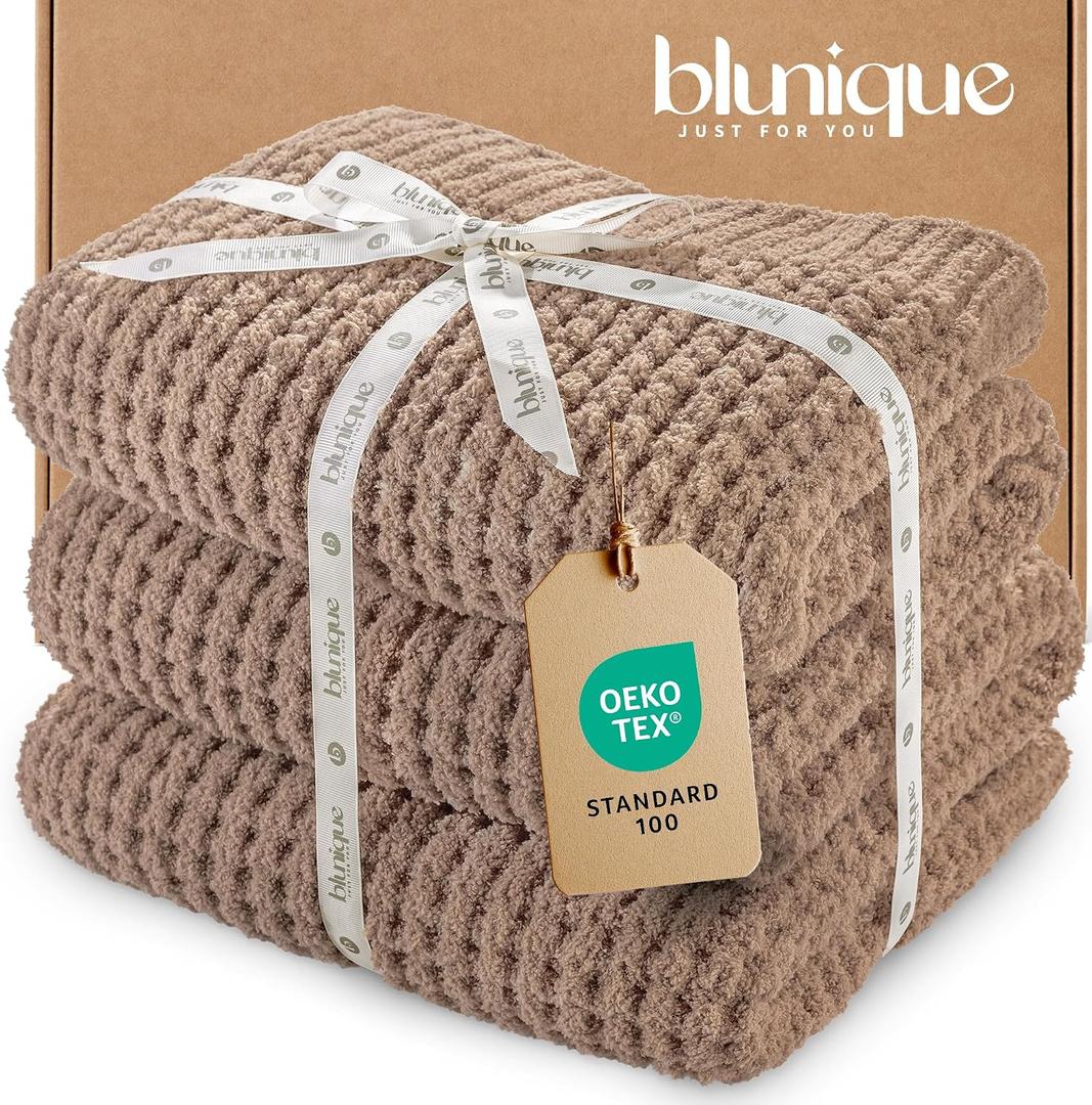 Waffle Knit Throw Blanket, Luxury Cozy Chunky Knit Throw Blanket for Couch, 50 x 60 Inch Thick Ultra-Soft Feather Yarn Knitted Blanket for Sofa, Bed, Home Decor - Beige