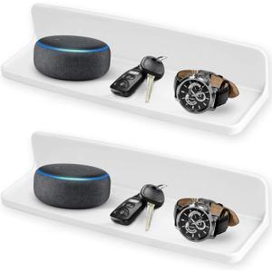 Wall Mounted Small Floating Shelf Stick On Wall Shelves for Bedroom,Kitchen,Bathroom Bedside Shelves to Display Speakers,Photo Frame,Watch,Keys,Cosmetics-Damage Free-Plastic-White(2Pcs/Set)