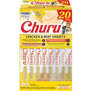 INABA Churu Cat Treats, Grain-Free, Lickable, Squeezable Creamy Pure Cat Treat/Topper with Vitamin E & Taurine, 0.5 Ounces Each Tube, 20 Tubes, Chicken & Beef Variety Box (EXP 03/11/26)