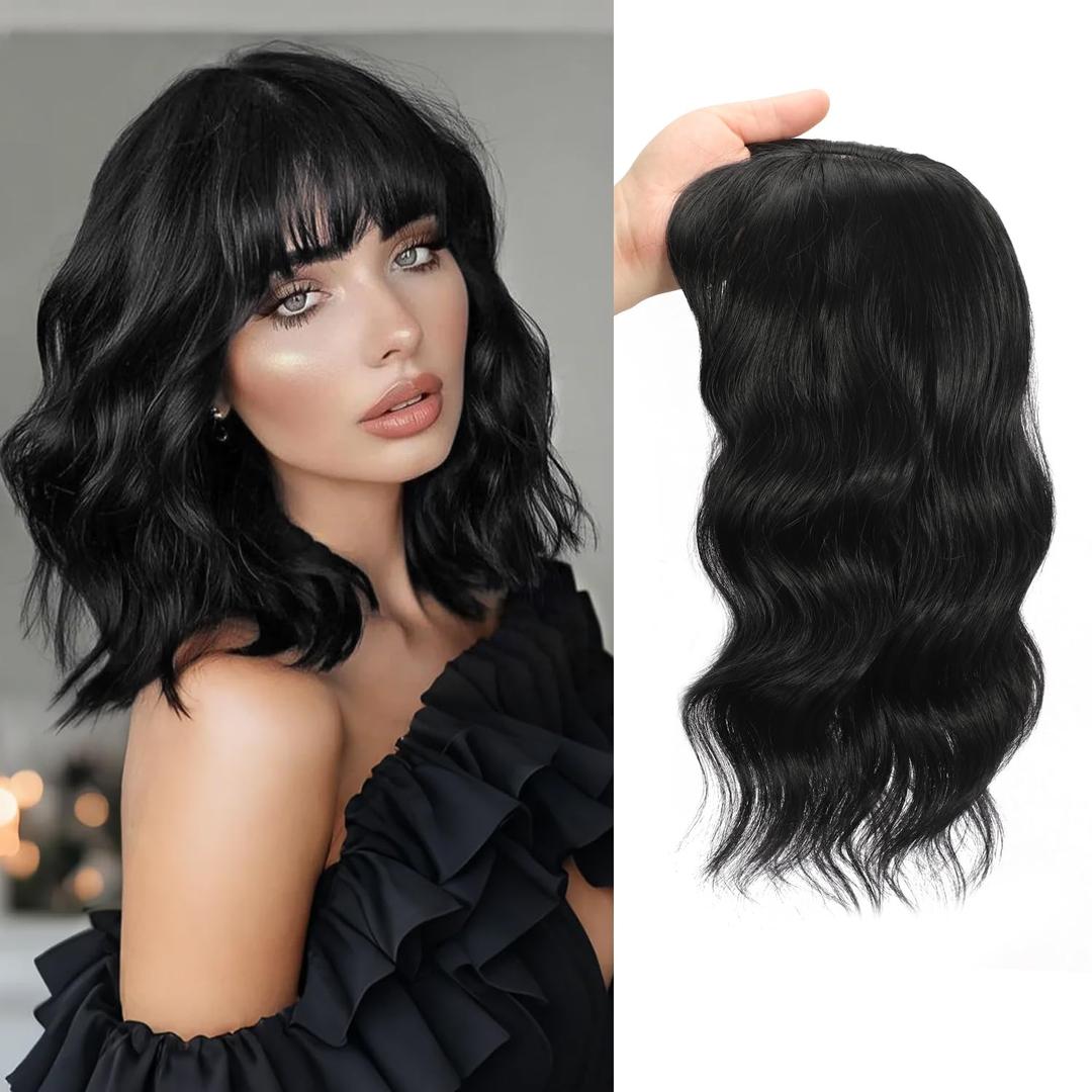 TYQ Hair Toppers for Women with Thinning Hair 14 Inch, 360 3D Synthetic Curly Wavy Wispy Clip in Bangs(Natural Black) (1b)