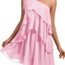 DRESSTELLS Women's Summer One Shoulder Dress - 2025 Boho Sleeveless Ruffle Tiered Layered Chiffon Pleated Pastel A Line Flowy Short Dresses Pink M
