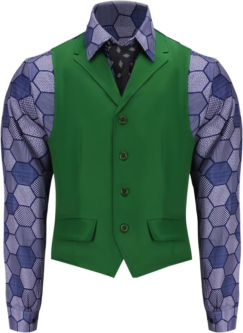 Adult Men Joker Costume Shirt Vest Tie Outfit Suit Set Man Knight Clown Halloween Cosplay Dress Up Props (S)