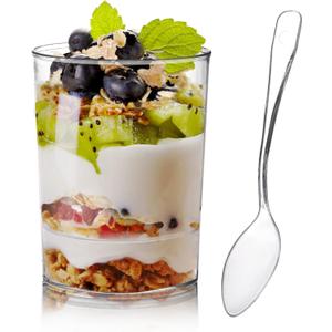 Okllen 100 Pack Mini Dessert Cups with Spoons, 3 Oz Round Shot Cups Plastic Dessert Shooters, Appetizer Parfait Cups Shot Glasses for Chocolate Desserts, Ice Cream, Puddings, Tasting Party